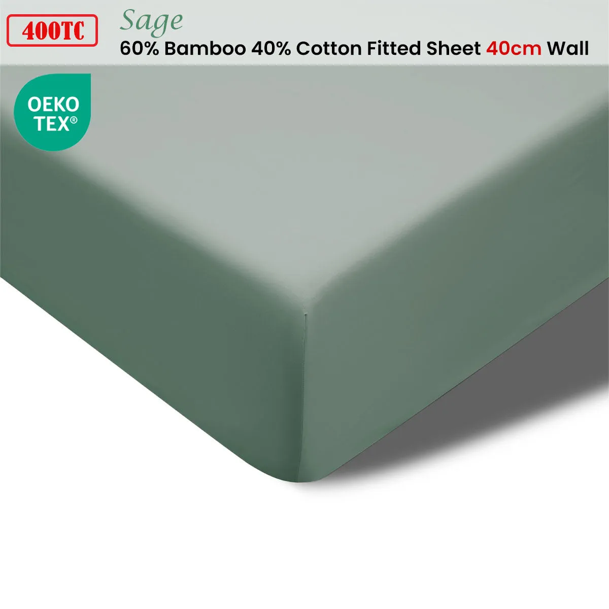 400TC Sage Bamboo Cotton Fitted Sheet | 40cm Wall | Queen