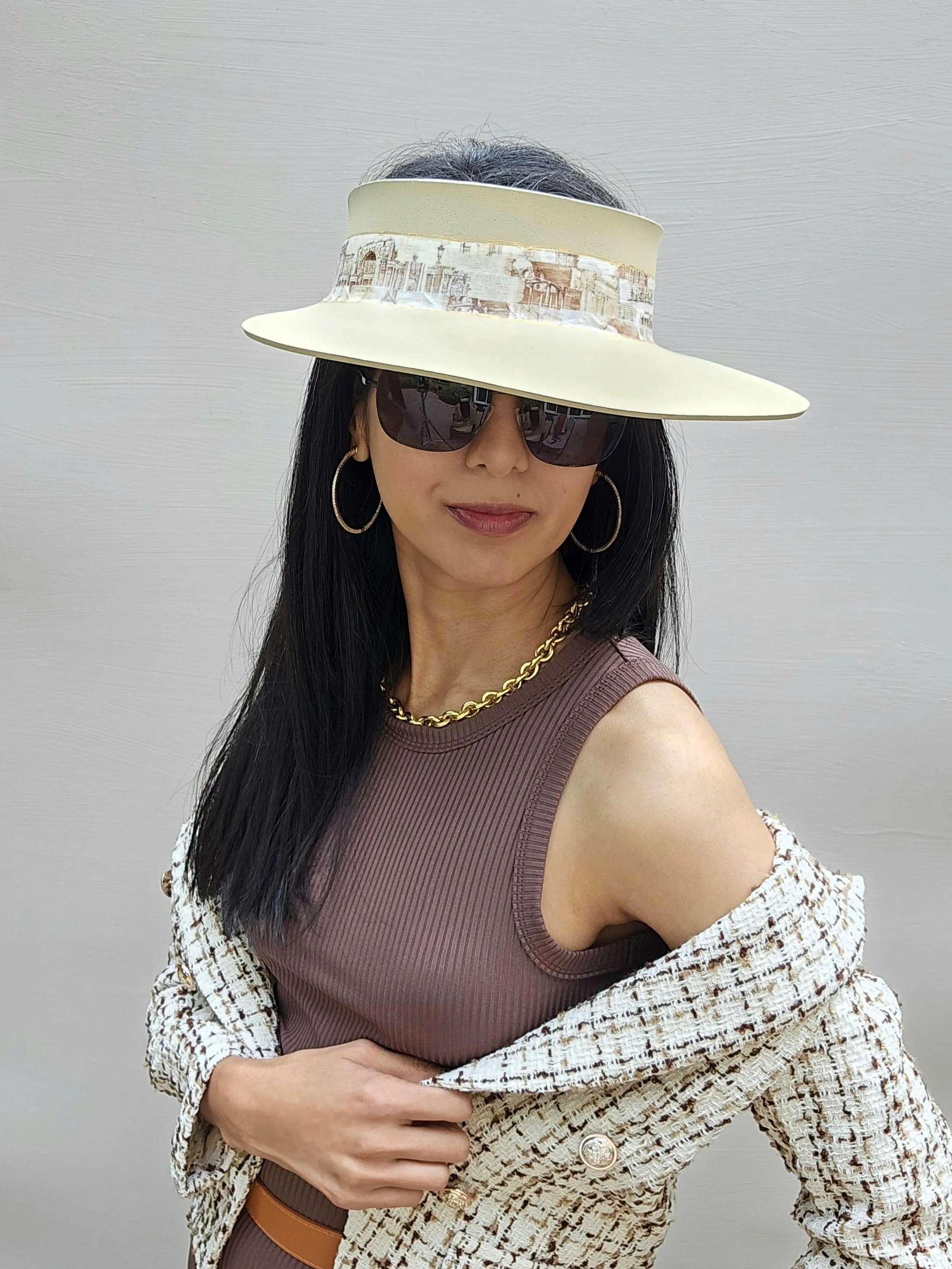 Beige "LadyEVA" Visor Hat with Architectural Collage Band