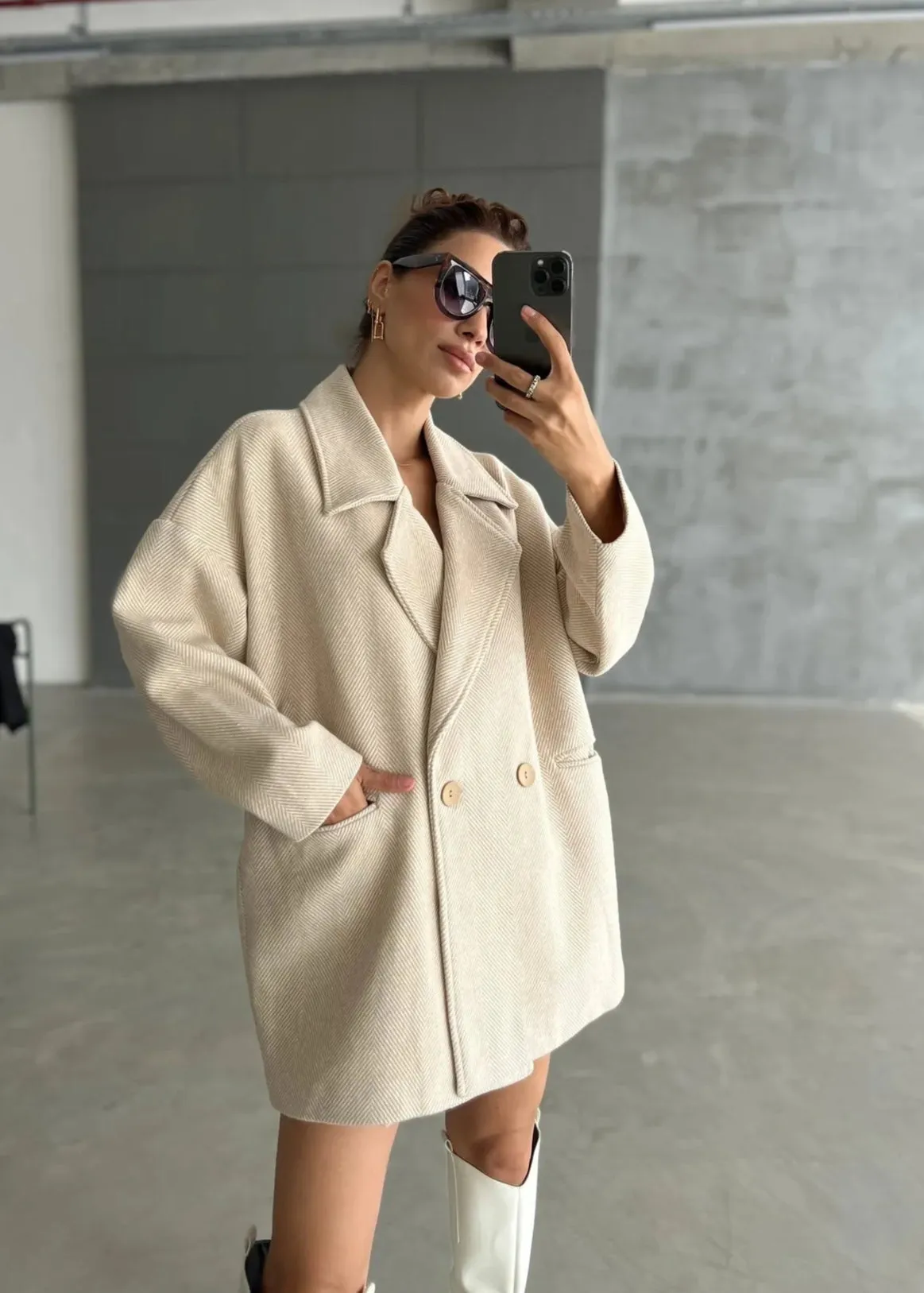 Cashmere Style Button Up Jacket – Classic Long Sleeve Coat with Double Pockets