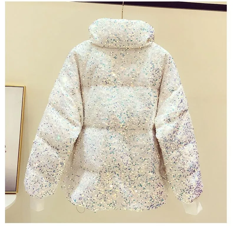 christmas outfit Joskaa Luxury Crystal Sequins Thickened Down Cotton Coat  Ladies Fashion Loose Bread Jacket White Casual Winter Warm Coat Parkas Women