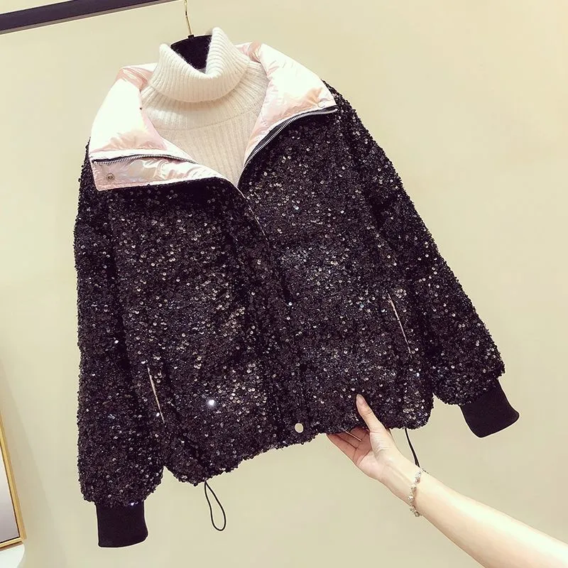 christmas outfit Joskaa Luxury Crystal Sequins Thickened Down Cotton Coat  Ladies Fashion Loose Bread Jacket White Casual Winter Warm Coat Parkas Women