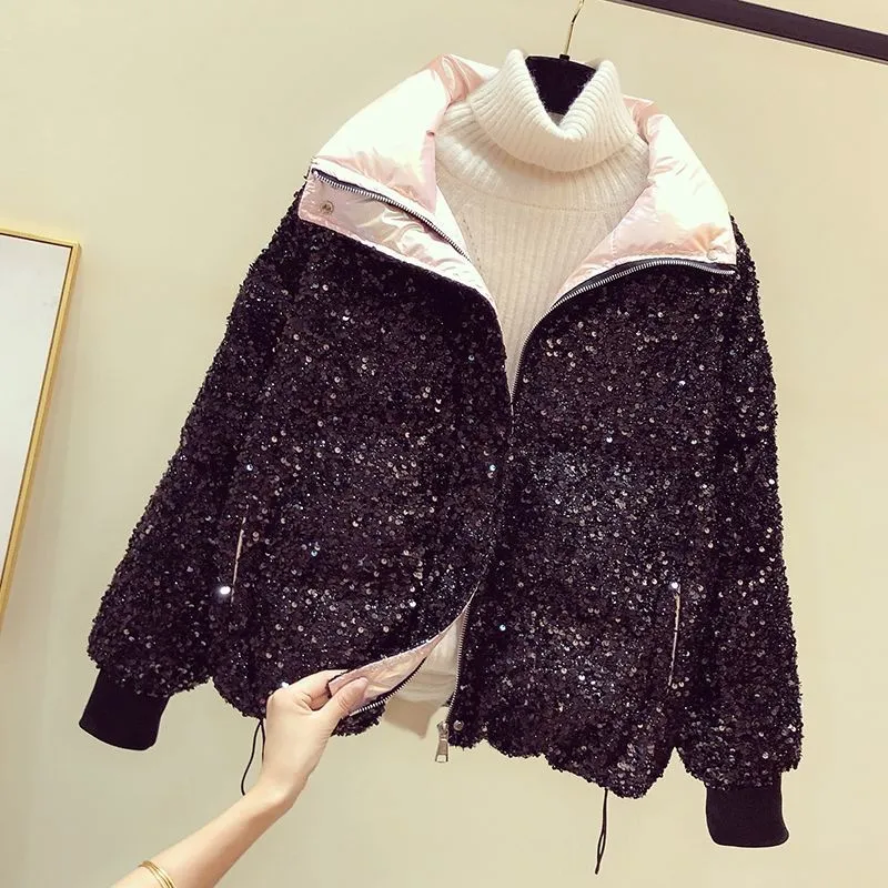 christmas outfit Joskaa Luxury Crystal Sequins Thickened Down Cotton Coat  Ladies Fashion Loose Bread Jacket White Casual Winter Warm Coat Parkas Women