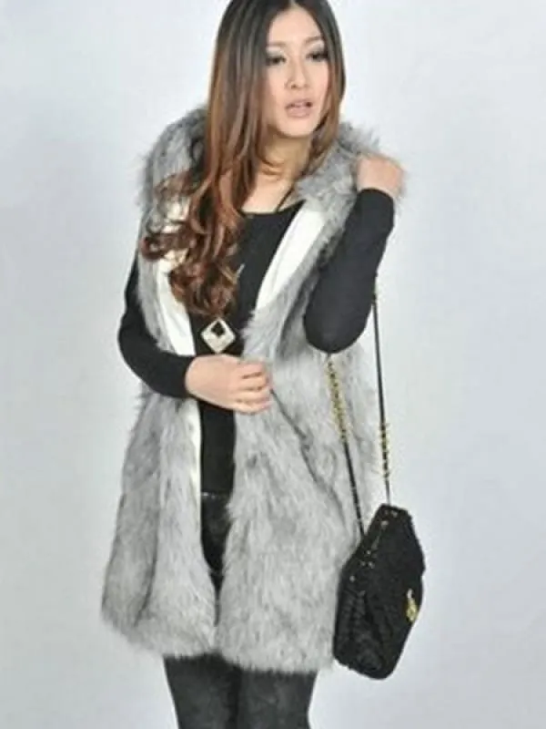 Faux Fur Vest Black Hooded Sleeveless Women'S Winter Coat