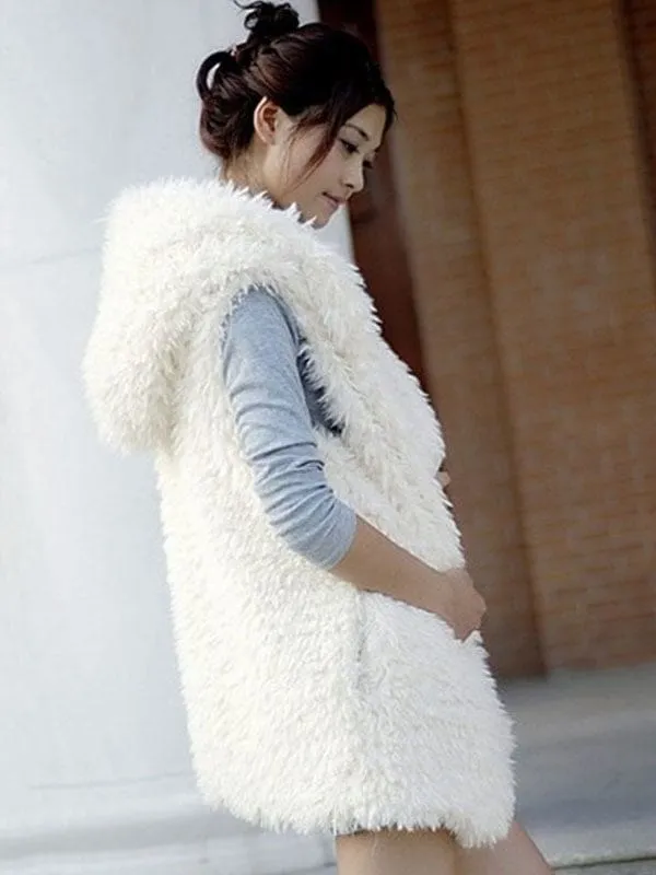 Faux Fur Vest Black Hooded Sleeveless Women'S Winter Coat