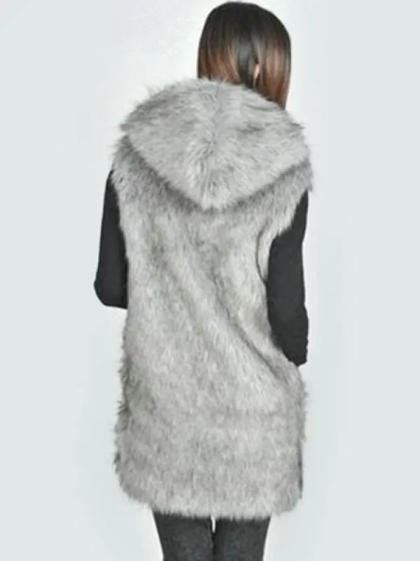Faux Fur Vest Black Hooded Sleeveless Women'S Winter Coat