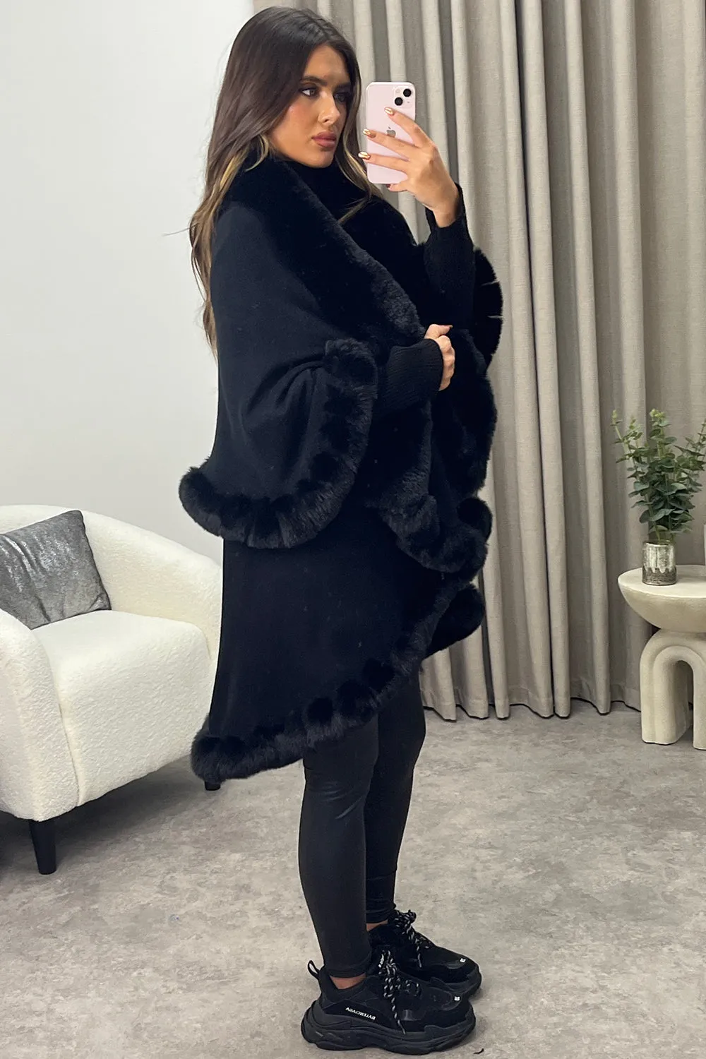 Khleo Black Faux Fur Double Layer Cape