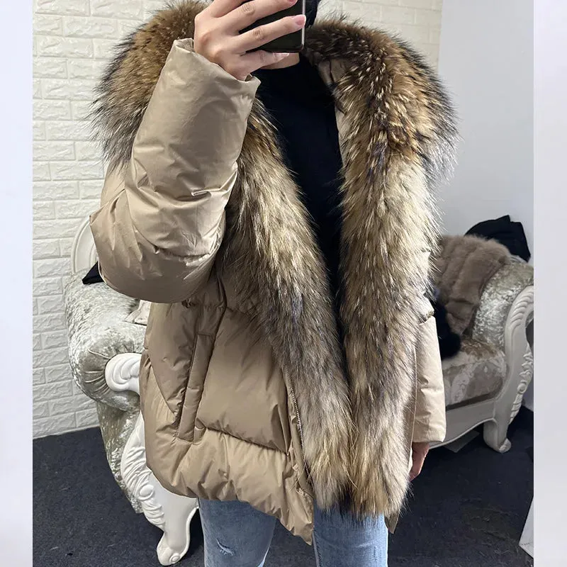 LVSANW MAOMAOKONG 2024 White Duck Down Jacket Winter Women Warm Loose Coat Natural Real Fox Fur Collar Thick Luxury Outerwear parkas
