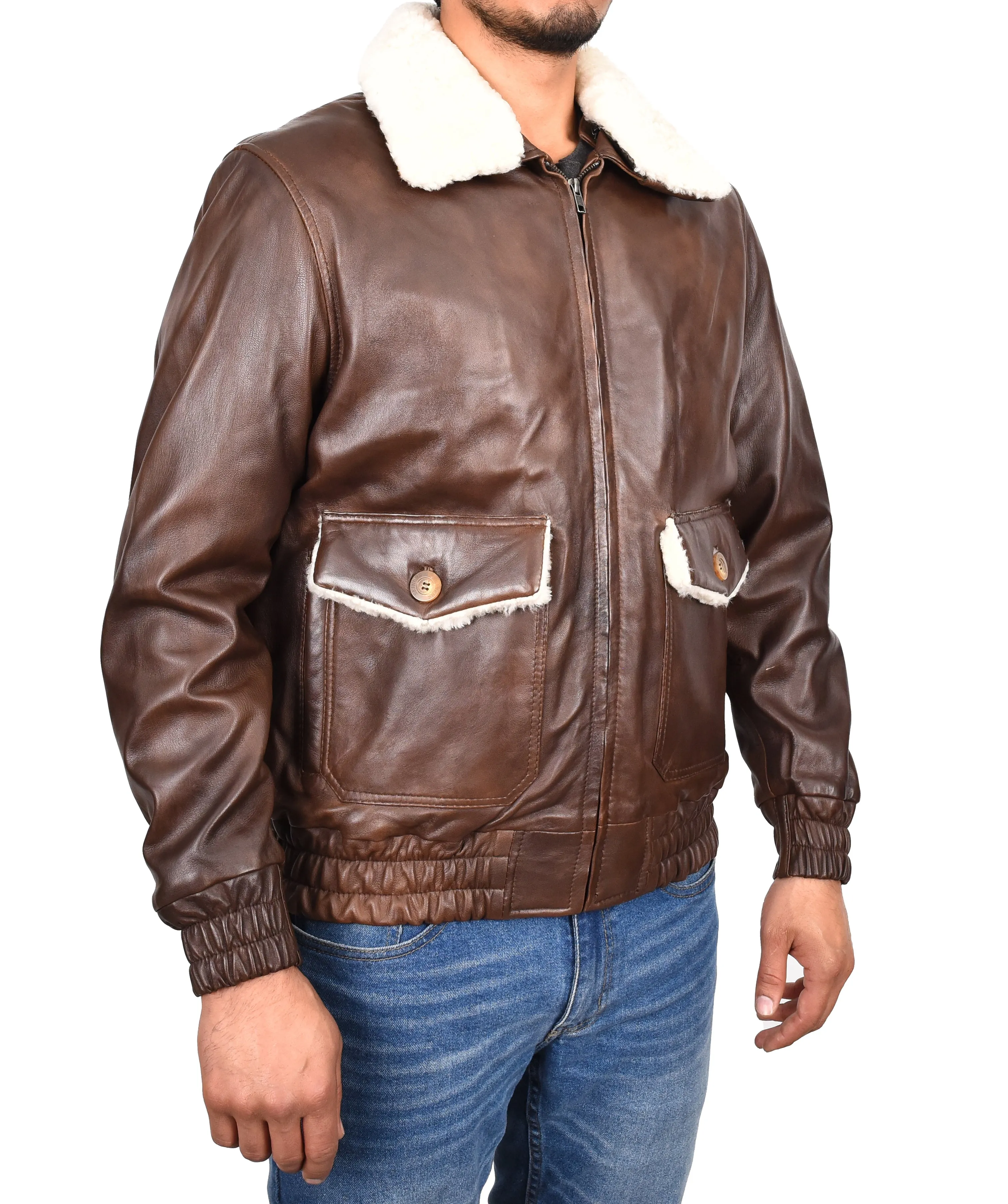 Men's Real Leather Bomber Jacket Aviator Style Brown Pilotex