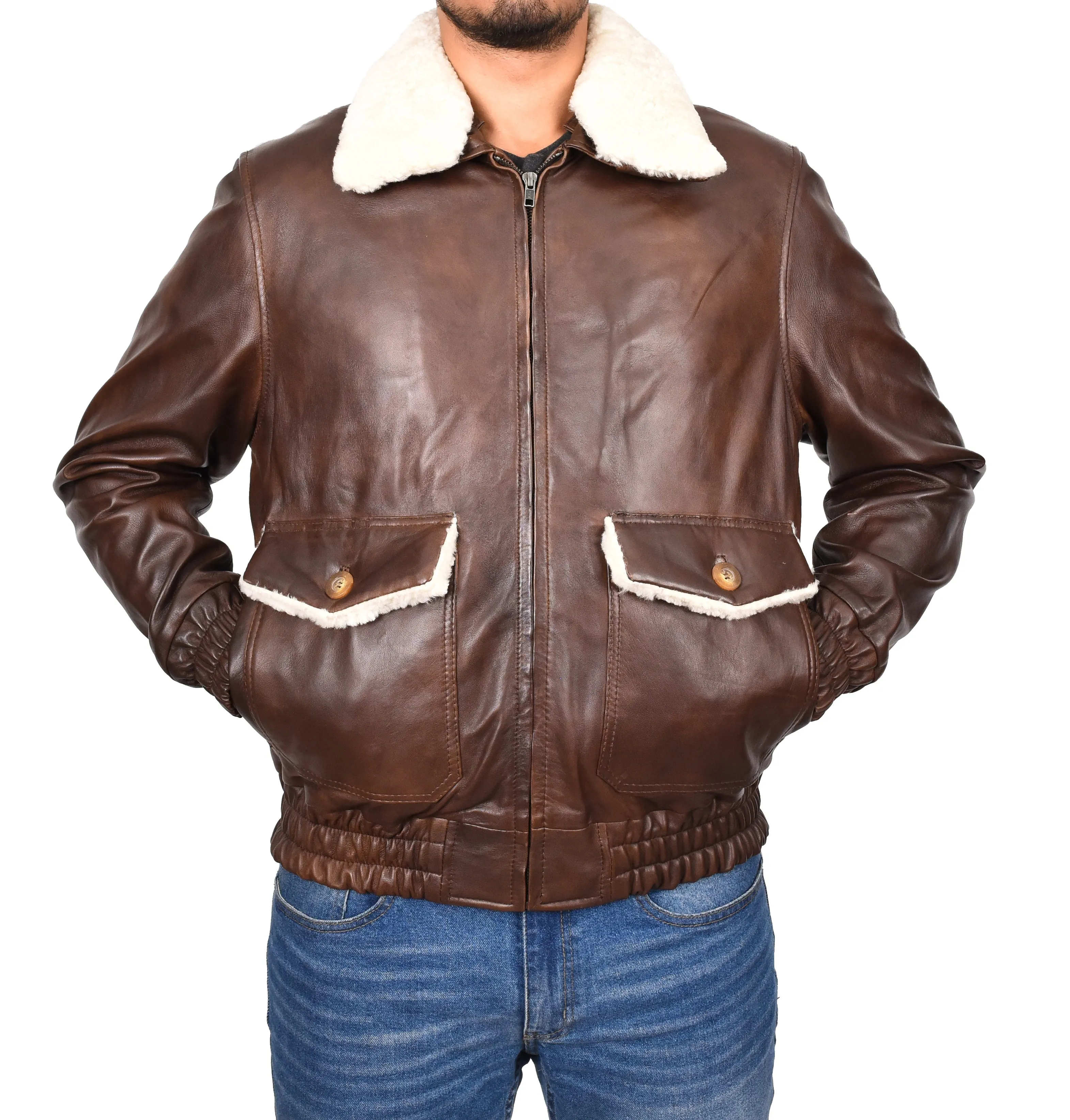 Men's Real Leather Bomber Jacket Aviator Style Brown Pilotex