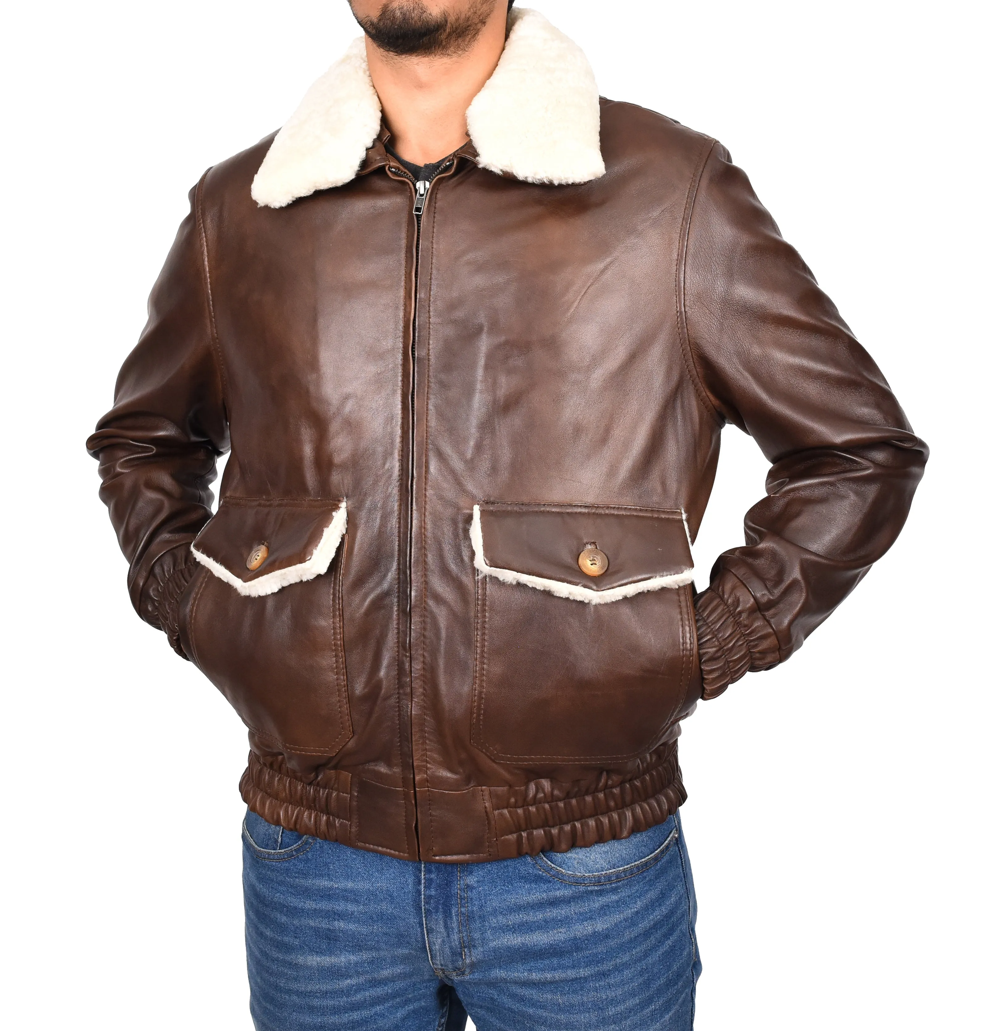 Men's Real Leather Bomber Jacket Aviator Style Brown Pilotex