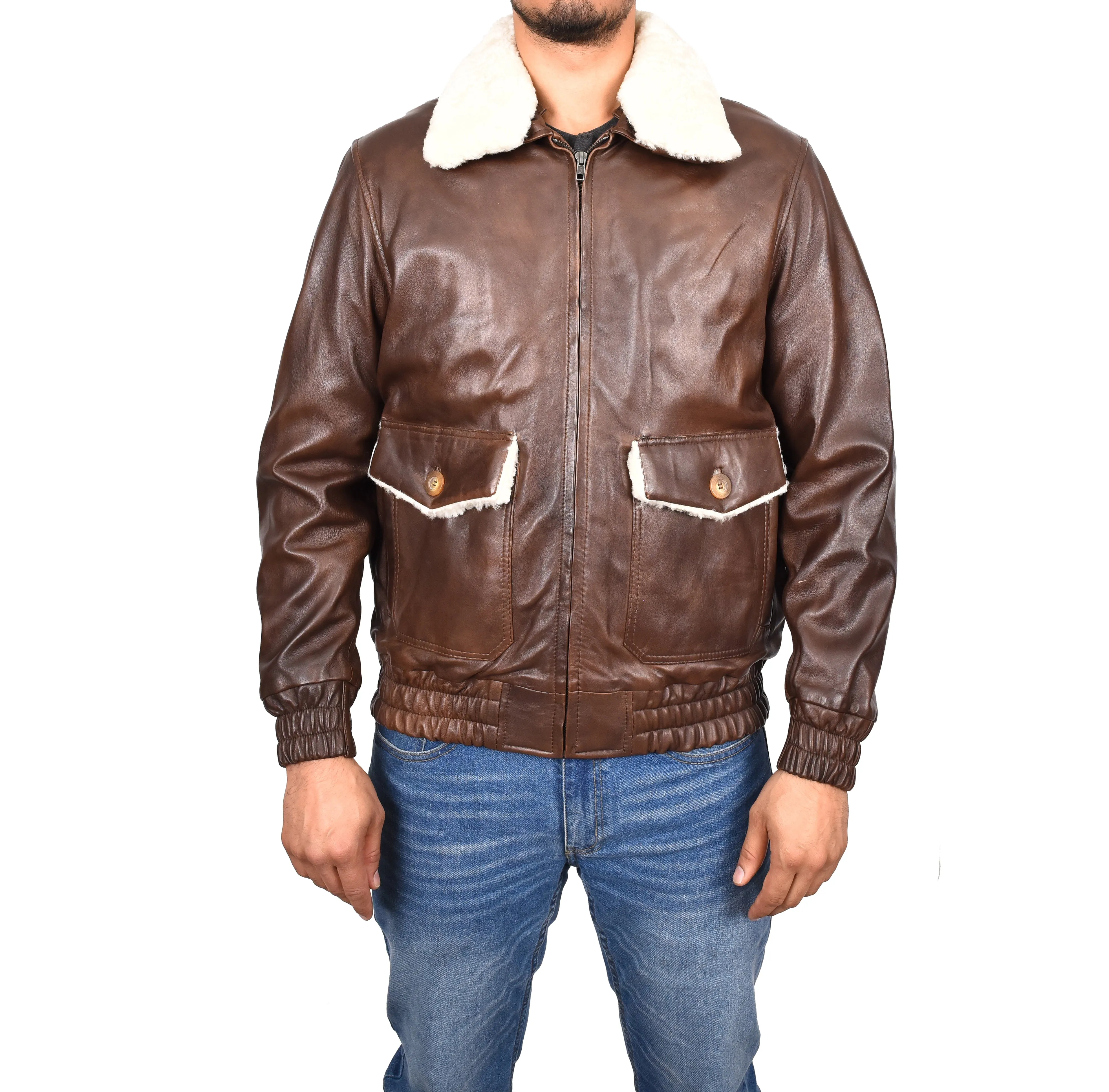 Men's Real Leather Bomber Jacket Aviator Style Brown Pilotex