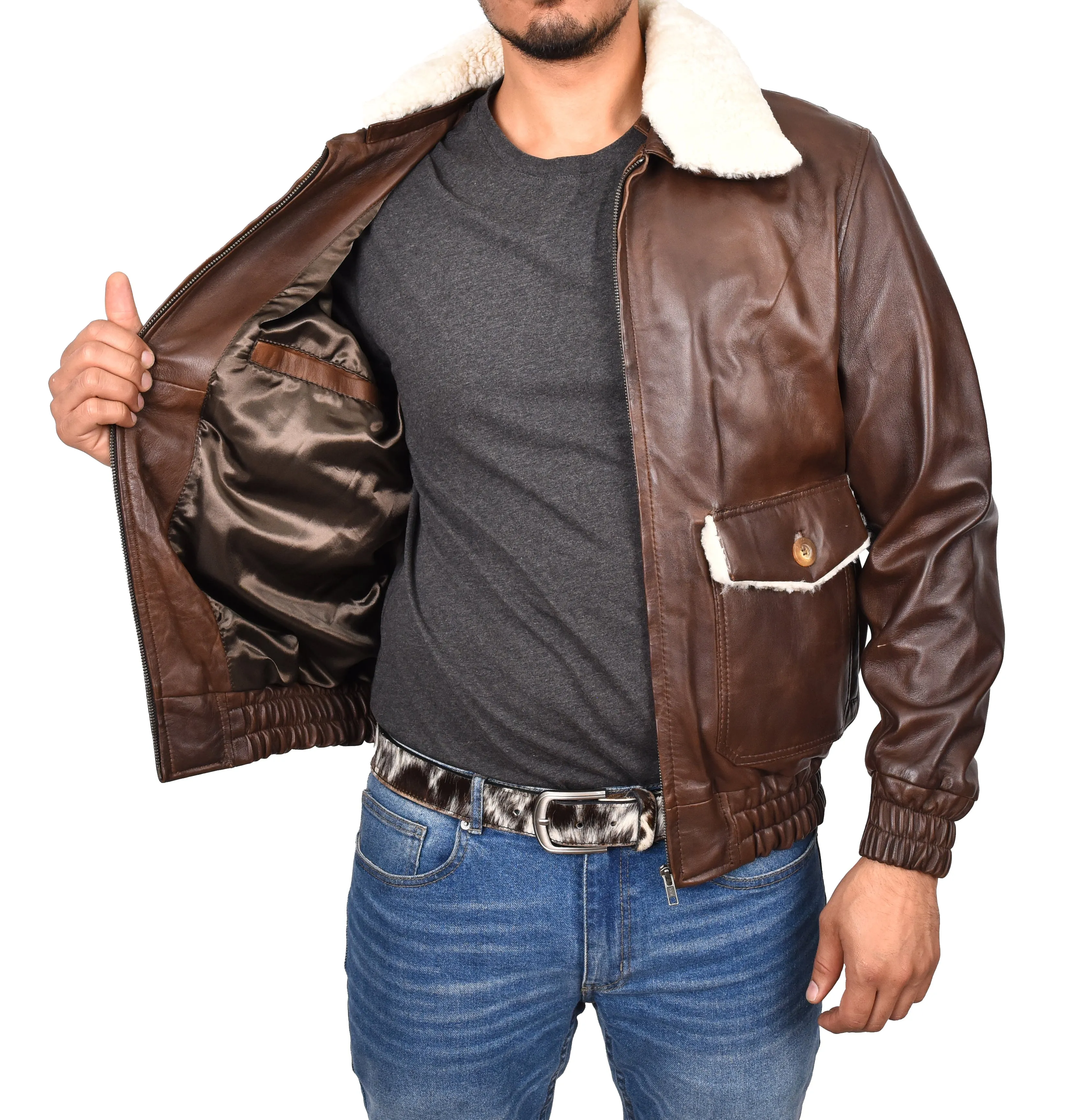 Men's Real Leather Bomber Jacket Aviator Style Brown Pilotex