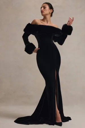 Mystique | Black Bardot Split Maxi Dress With Fur Trims