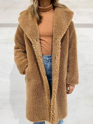 New Faux Fur Coats Coffee Brown Long Sleeves Oversized Zipper Women Wrap Coat