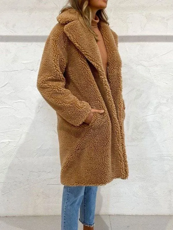 New Faux Fur Coats Coffee Brown Long Sleeves Oversized Zipper Women Wrap Coat