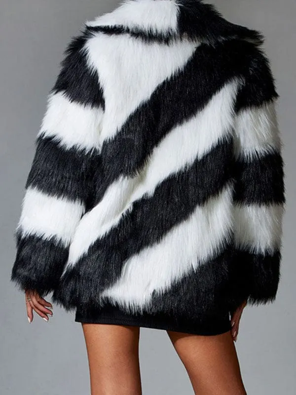 New Faux Fur Coats For Women Black Turndown Collar Long Sleeves Two Tone Stretch Winter Coat