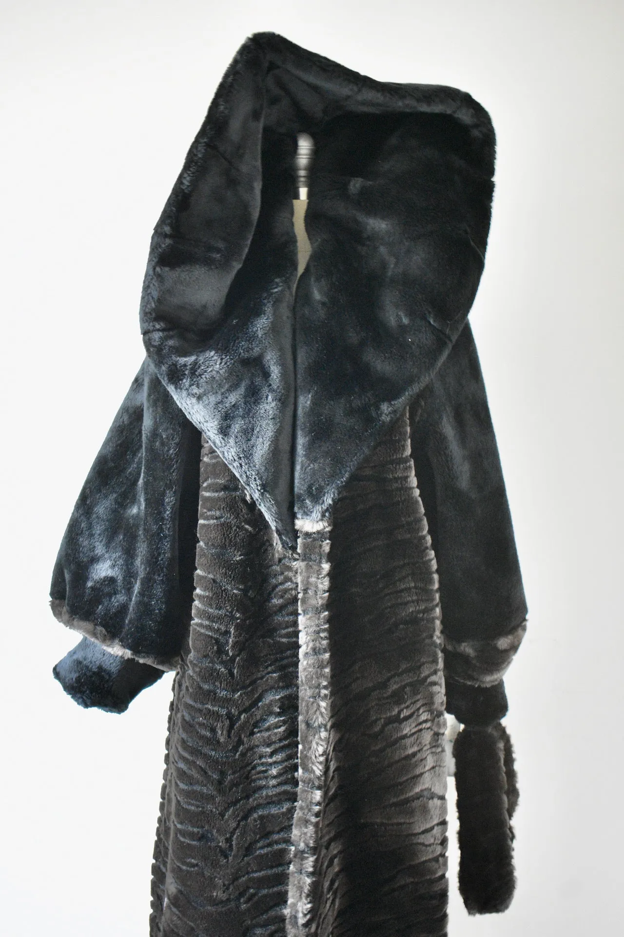 Vintage 1980s Monterey Faux Fur Black Coat With Hood