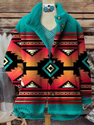 Women's Vintage Color Blocking Aztec Art Print Casual Sherpa Coat Cardigan